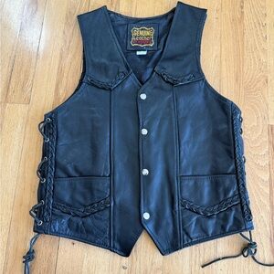 Genuine Leather Black Men's Biker’s Vest by Manzoor in Size S Braided Accents